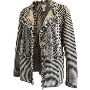 Chico’s Open Front Jacket Cream and Blue Fringe Southwestern Boho Size Medium